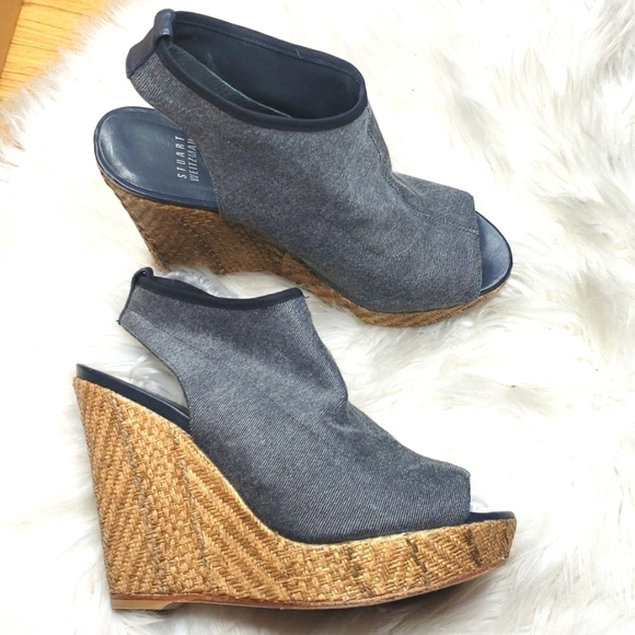 Stuart Weitzman Glover Stretch Wedge Sandal, Gray Denim 9 - Picture 3 of 14